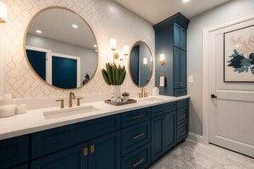 beautiful bathroom in brand new luxury home with lots of light, a big vanity, and dark blue cabinets