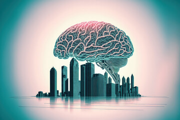 Sketch of a human brain on a virtual, creative AI hologram with a background of hazy skyscrapers. two exposures. Generative AI