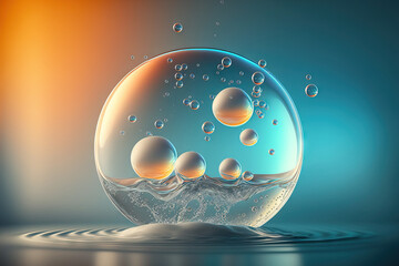 Poster - water molecule in a cosmetic moisturizer, a liquid bubble in a cosmetic essence, and a molecule inside the bubble against a background of water. Generative AI