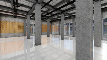 Building column construction with floor reflection finished cement background. 3d renderings