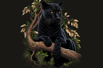 Poster - On a tree, a black panther is seated. Generative AI