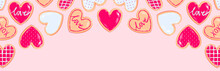 Valentine's Day Banner - Heart Shaped Cookie Assortment With Red White Icing Decoration Designs. Sweet Dessert Love Baked Goods Illustration. Valentine's Graphic Resource For Newsletter, Blog, Social