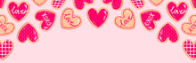 Valentine's Day Banner - Heart Shaped Cookie Assortment With Red Icing Decoration Designs. Sweet Dessert Love Baked Goods Illustration. Valentine's Graphic Resource For Newsletter, Blog, Social