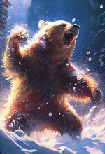 Brown Grizzly Bear Standing On Hind Legs Growling Howling Yelling, Angry, In The Mountain Snow, Generative Ai