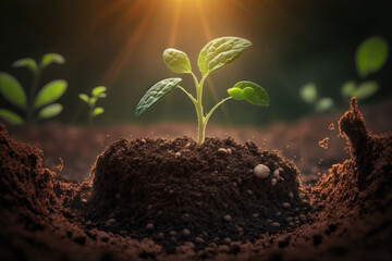 Poster - Ecology concept the seedlings are developing from the fertile soil to the bright morning sunlight. Generative AI