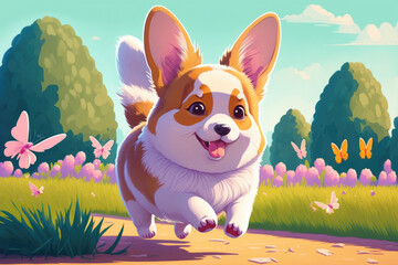 Sticker - A adorable Corgi puppy with pink Easter ears runs happily along the street in a sunny garden. Generative AI