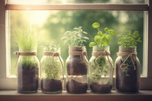 Different Herbs Growing In Mason Jars On A Window, Including Basil, Sage, Chives, Parsley, Oregano, And Thyme. Generative AI