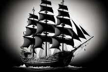 Sailor Ship Barque Isolated Black Pirate Ship On A White Background. There Is Clipping Route Here. Generative AI