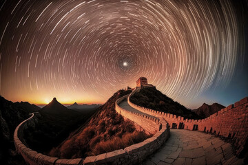 Wall Mural - great wall of china exposure timelapse astronomical star trails - illustration - Generative AI