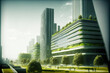 Sustainable green city with futuristic office building and architecture . Sublime Generative AI image .