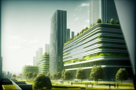 sustainable green city with futuristic office building and architecture . sublime generative ai imag