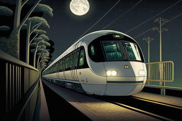 Poster - At night, the Yurikamome automated guideway train in Tokyo. Generative AI