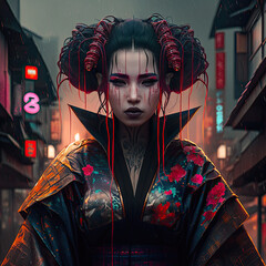 Cyberpunk Geisha with Red Neon Hair Cables - Futuristic Sci-Fi Illustration - Generative AI