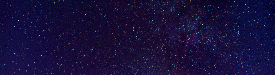 Wall Mural - astrophotography of a dark blue starry sky with many stars, nebulae and galaxies. panoramic wide hor