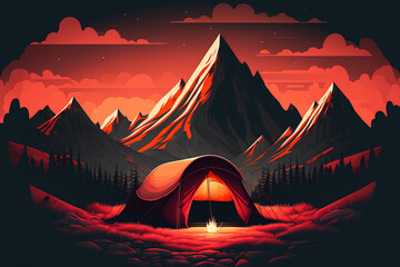 Sticker - Mountainous area with a glowing orange tent and a striking evening sky. Mountains in the background and a red sunset. summertime setting Panorama. Generative AI