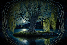 Irish Landscape, Weeping Willow Tree Overhanging Water, Night, Moon. Generative AI