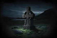 Irish Landscape, Celtic Cross Gravestone, Night. Generative AI