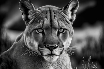 Wall Mural - Puma, mountain lion, panther, cougar (Puma concolor), or catamount. incredibly threatening close up black and white portrait. Generative AI