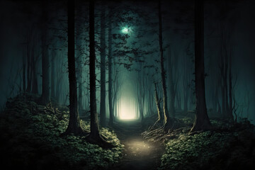 Wall Mural - Dark forest vista, nighttime trail in eerie, enchanting forest, digital artwork. Generative AI