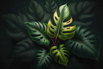 Poster - close up of a green leaf in a garden, dark wallpaper idea, a natural setting, a tropical leaf. Generative AI