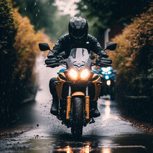Motorcyclist Traveling On A Road With Rain Generative AI