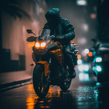 Motorcyclist Traveling On A Road With Rain Generated By AI