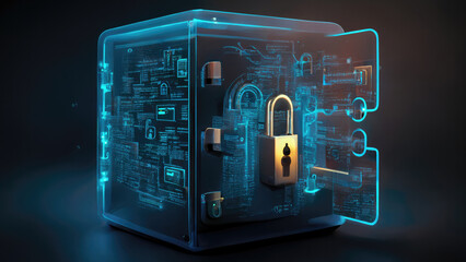 Digital cyber security box for protection of private information and data. Locked firewall from hacker attack.