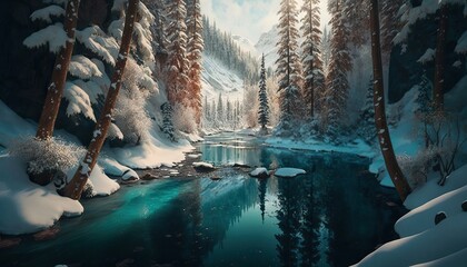 Wall Mural - 4K resolution or higher, turquoise river running through a wintery mountain forest. Generative AI Technology