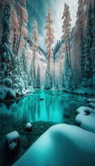 Wall Mural - 4K resolution or higher, turquoise river running through a wintery mountain forest. Generative AI Technology