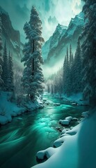 Wall Mural - 4K resolution or higher, turquoise river running through a wintery mountain forest. Generative AI Technology