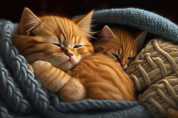 Poster - Cat kitten sleeping Ginger kitten on sofa with knit blanket covering it. Hugging and cuddling two cats. Household pet. Sleep and a relaxing snooze. family pet little kittens. hilarious and cute kittie