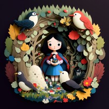 Snow White And The Seven Dwarfs Fairy Tale Paper Cut Story, Style On Colors, Generative By AI
