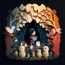 Snow White And The Seven Dwarfs Fairy Tale Paper Cut Story, Style On Colors, Generative By AI
