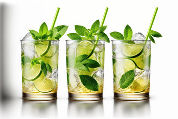 Sticker - solitary mojito on a white background. Three mojito glasses. Generative AI