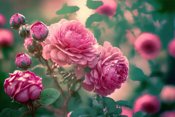 Blurred pink roses bloom in a rose garden in the backdrop. Nature. Generative AI