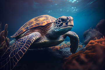 Wall Mural - Portrait of a sea turtle swimming underwater. Generative AI