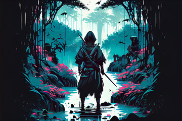 A ninja standing in beautiful waterfall garden with sword. Digital art style. Generative AI illustration