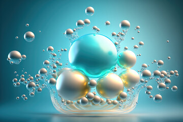 Poster - water molecule in a cosmetic moisturizer, a liquid bubble in a cosmetic essence, and a molecule inside the bubble against a background of water. Generative AI