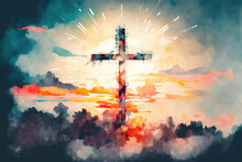 Blurry Abstract Background Of Painting In Watercolor Depicting A Conceptual Cross Or Other Religious Symbol Over A Sky At Sunset With Clouds As God. Illustration. Generative AI