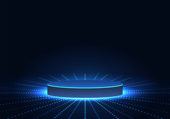 Fototapete - technological product placement podium in blue tones and the light of neon lights increases the inte