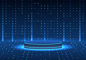 Fototapete - technological product placement podium in blue tones and the light of neon lights increases the inte