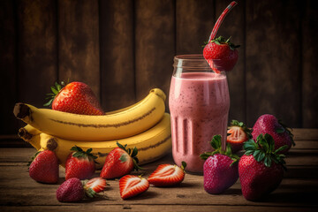 Wall Mural - Fresh strawberries and bananas are displayed on a wooden background behind a smoothie with a banana and strawberry in it (toning). Generative AI