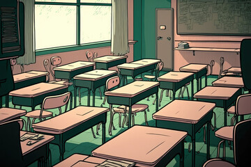 Poster - Rows of tables and chairs in classroom on high school. Generative AI