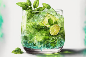 Poster - Summer mojito beverage includes ice cubes, lime, and fresh mint. a frosty mojito beverage glass. Generative AI