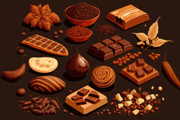 Wall Mural - many different types of chocolate lie on a brown background with nuts and chocolate flakes. Generative AI