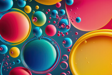 Poster - Blue, aqua, yellow, pink, and red colors flow in an abstract background made out of water and oil bubbles. Generative AI