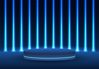 Poster - Technological product placement podium in blue tones And the light of the neon lights increases the interest of the product. The background is lined with lights. add dimensions and increase sales
