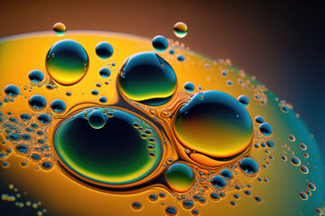Poster - oil droplets in water captured in macro. abstract liquid circles. Generative AI