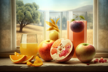 Sticker - juices from fresh fruit on a wooden table against a window background. Generative AI