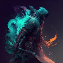 Mysterious Dark Man Character Warrior Soldier Thief Assassin Walking With A Weapon In Abstract Anime Drawing Painting - Ai Generative Illustration 